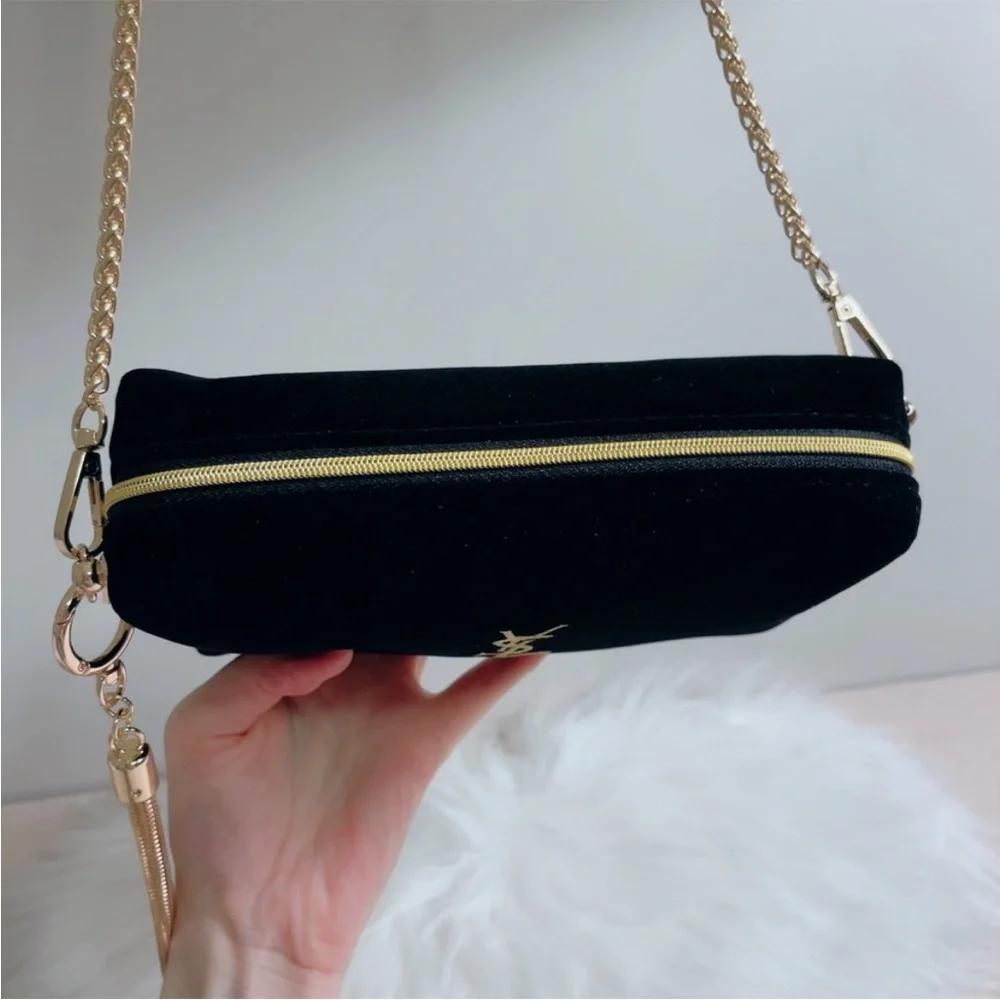 YSL YVES SAINT LAURENT Black Velvet bag purse clutch Gold Logo Chain tassel - Picture 5 of 7